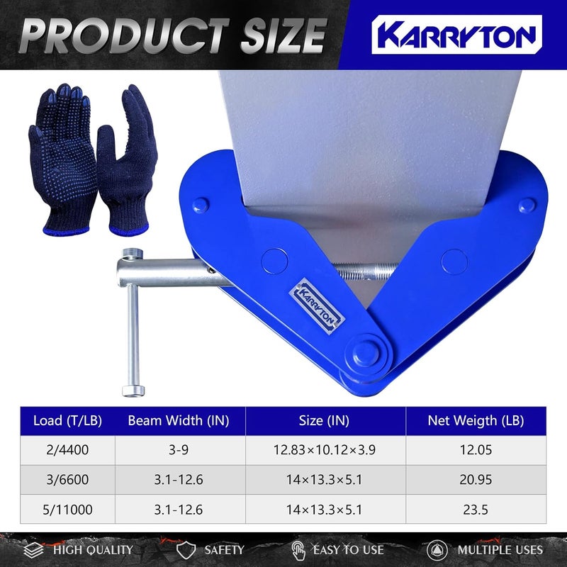 KARRYTON مشبك شعاع 4400LB/2طن، لرفع ورفع، عرض حافة الشعاع 3-9 بوصة مشبك رفع شعاع I ثقيل الاستخدام مع رافعة للبناء، الصناعة، المنزل والمرآب (2 طن) - Image 2